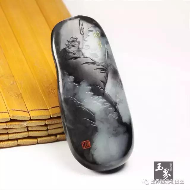 墨玉子料把件-問月