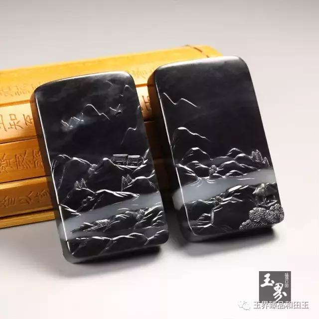 墨玉山水對牌-孤舟逐云